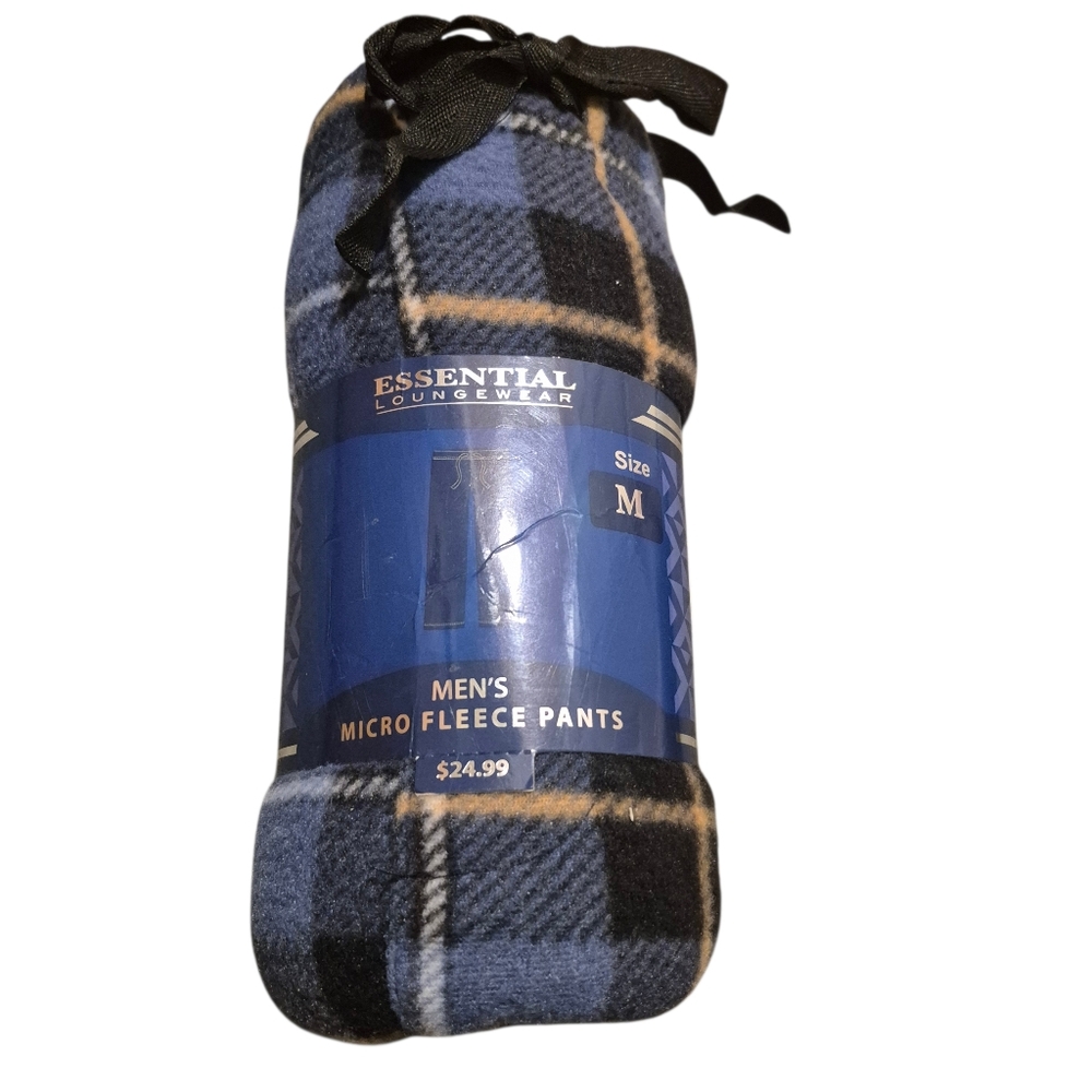 Men's Micro Fleece Pants Essential Loungewear Medium Blue Plaid Drawstring New - Picture 8 of 9